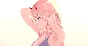 Zero Two Anime Character Portrait With Pink Hair And Red Horns HD wallpaper