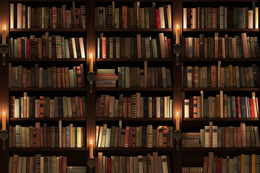Cozy Candlelit Library Wall With Antique Leather Books And Warm Wooden Shelves HD wallpaper