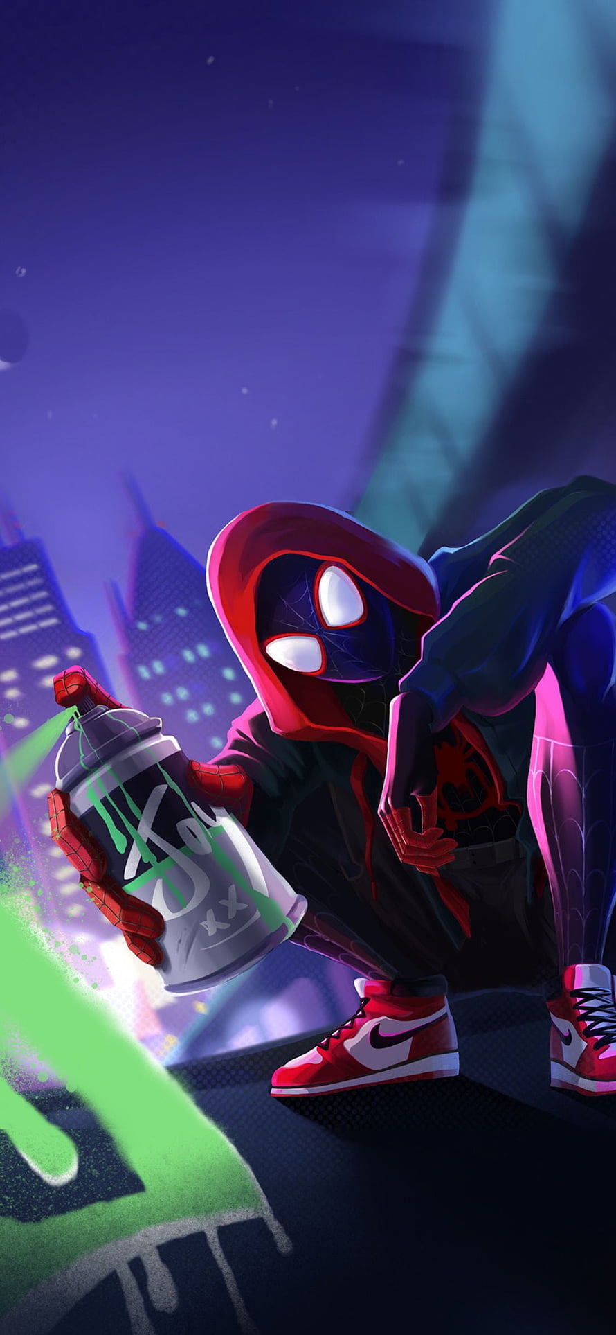 Miles Morales Spider-Man in Hoodie and Red Sneakers Holding Spray Paint Can Against Night City Skyline HD phone wallpaper