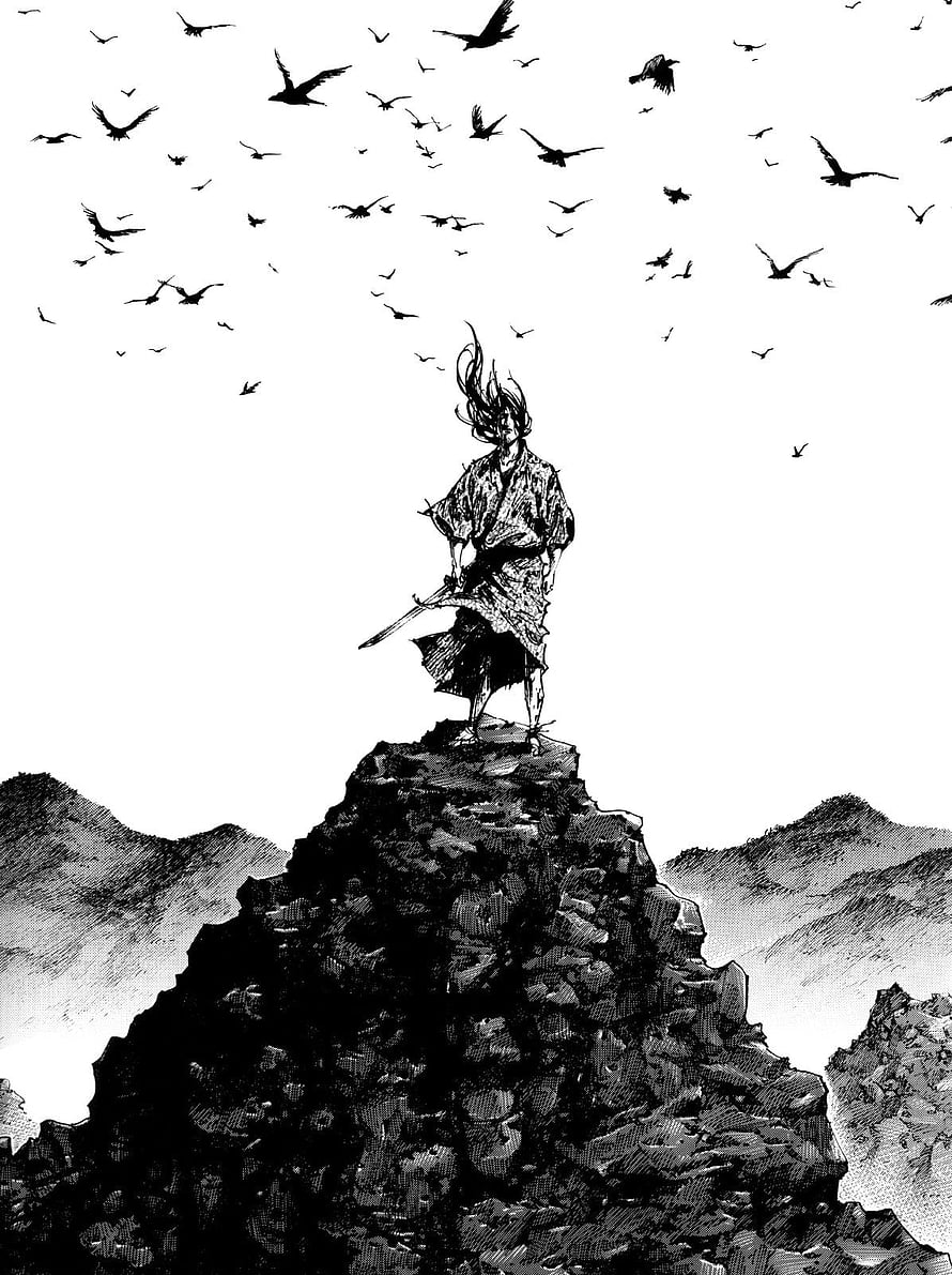 Vagabond Manga Illustration of Ronin Standing on Rocky Peak with Birds HD phone wallpaper