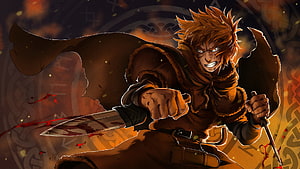 Thorfinn from Vinland Saga in a fierce battle stance with a bloodied blade and fur-lined cloak HD wallpaper