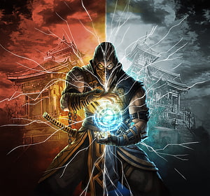 Sub-Zero channeling lightning energy in a split red and blue Mortal Kombat 11 scene HD wallpaper