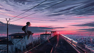 Anime Girl Sitting on Rooftop Overlooking City at Sunset with Lofi Aesthetic HD wallpaper