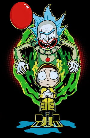 Rick and Morty Pennywise Crossover Illustration with Green Slime and Red Balloon HD phone wallpaper