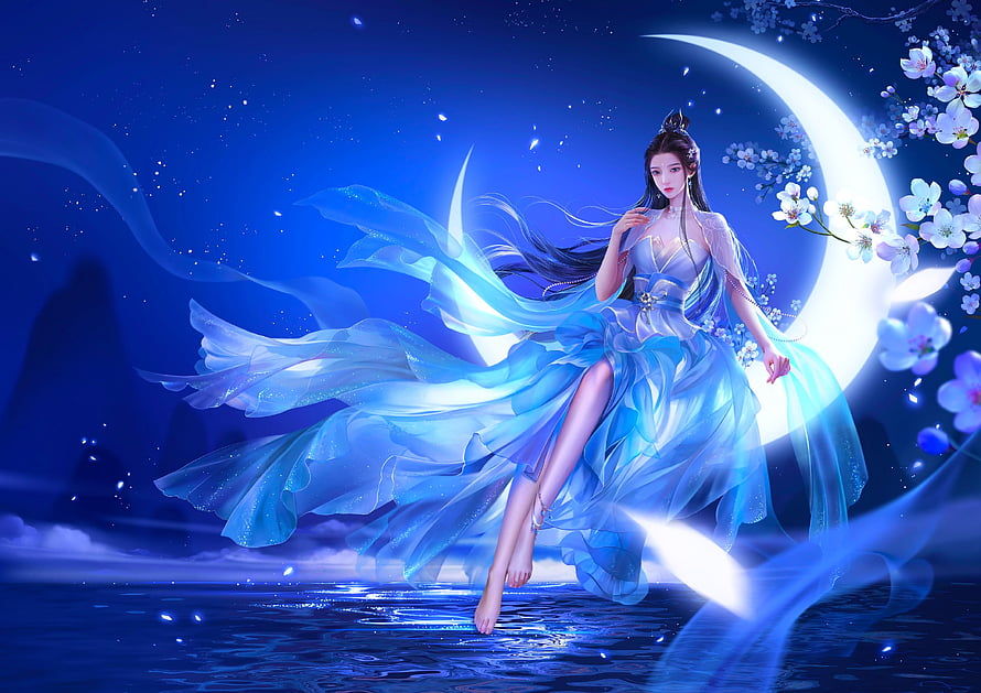 Ethereal Moon Goddess in Flowing Blue Gown Under Crescent Moon and Cherry Blossoms HD wallpaper