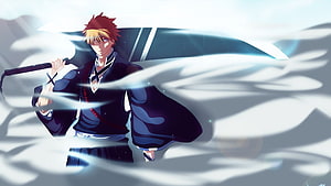 Ichigo Kurosaki wielding Zangetsu in a dynamic anime action scene with swirling energy effects HD wallpaper