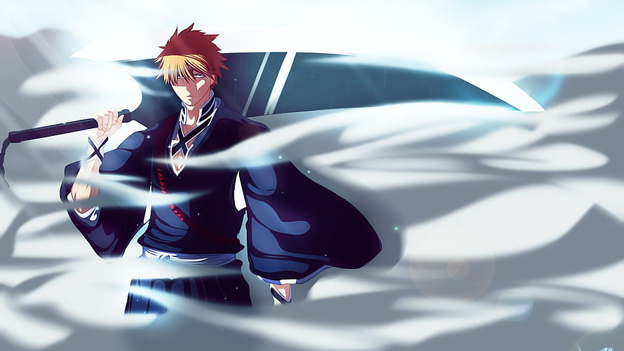 Ichigo Kurosaki wielding Zangetsu in a dynamic anime action scene with swirling energy effects HD wallpaper