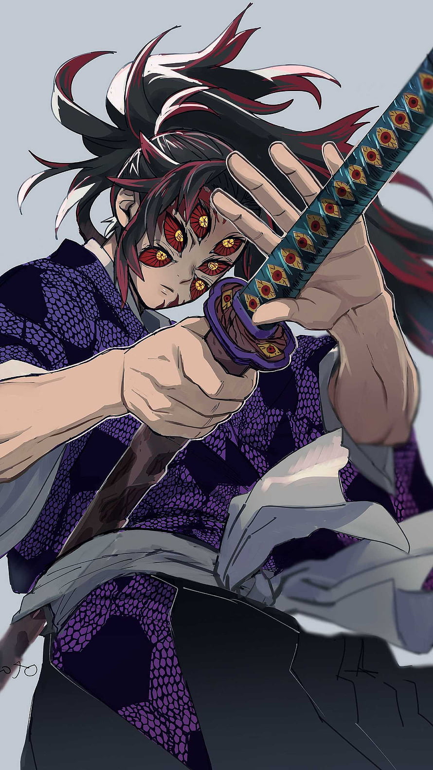 Kokushibo Demon Slayer Anime Character Wielding Katana in Purple Patterned Kimono HD phone wallpaper