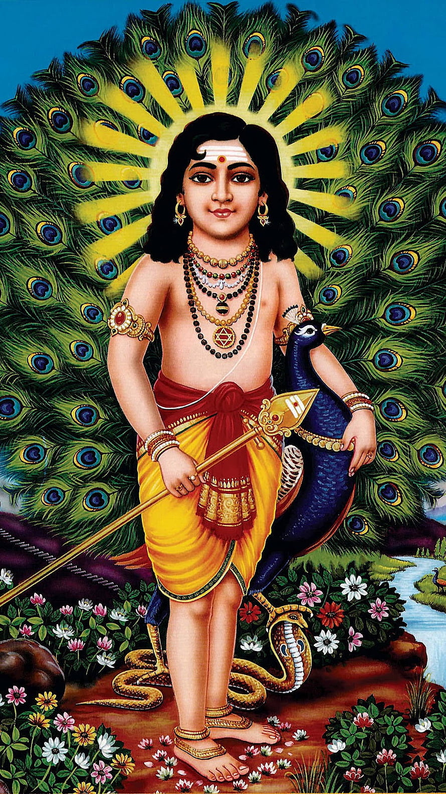 Lord Murugan with Peacock and Vel in Traditional Indian Art HD phone wallpaper
