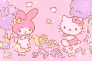 Hello Kitty and My Melon Enjoying a Cute Tea Party in a Pink Garden HD wallpaper