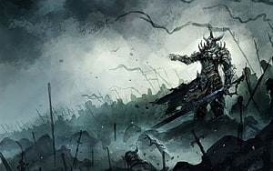 Lone Armored Warrior Standing Over a Battlefield of Fallen Soldiers in Dark Fantasy Art HD wallpaper