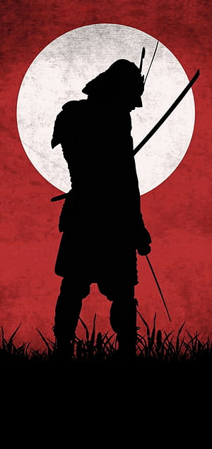 Silhouette of a Samurai Warrior Standing in Grass Against a Red Sky and White Moon HD phone wallpaper