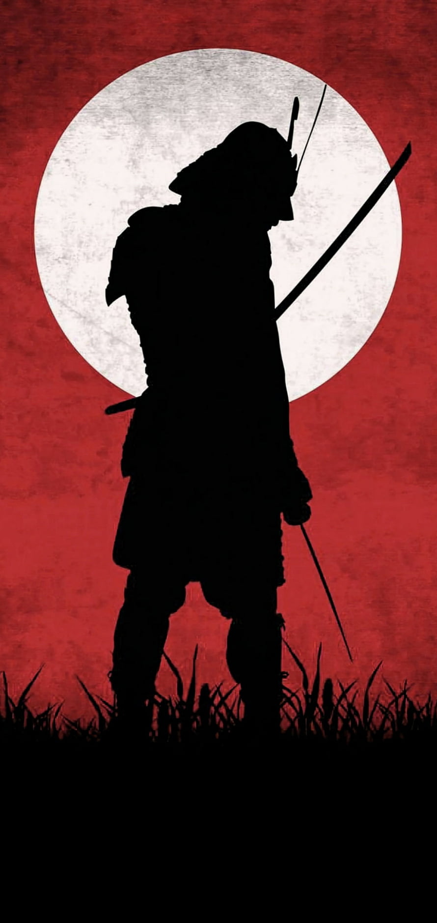 Silhouette of a Samurai Warrior Standing in Grass Against a Red Sky and White Moon HD phone wallpaper