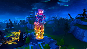 Giant Marshmello Fortnite Skin Standing Over Village at Night HD wallpaper