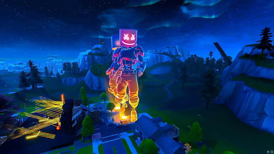 Giant Marshmello Fortnite Skin Standing Over Village at Night HD wallpaper