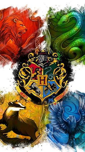 Harry Potter Hogwarts Crest with Four House Animals Lion Snake Badger and Eagle HD phone wallpaper