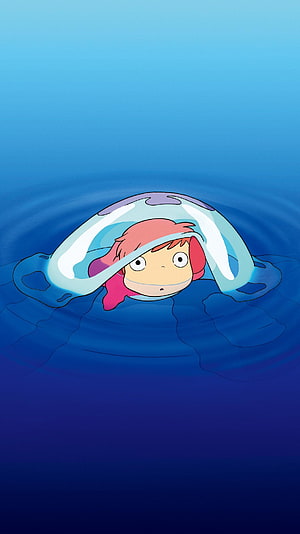 Ponyo Floating in a Bubble on Deep Blue Water, Studio Ghibli Animated Artwork HD phone wallpaper