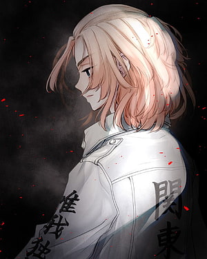 Mikey from Tokyo Revengers in White Jacket with Kanji Text and Red Sparks on Dark Background HD phone wallpaper