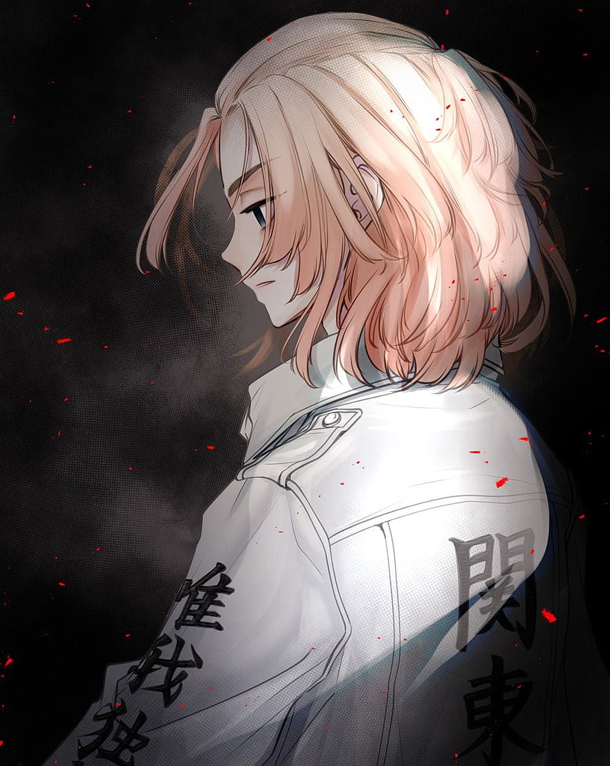 Mikey from Tokyo Revengers in White Jacket with Kanji Text and Red Sparks on Dark Background HD phone wallpaper
