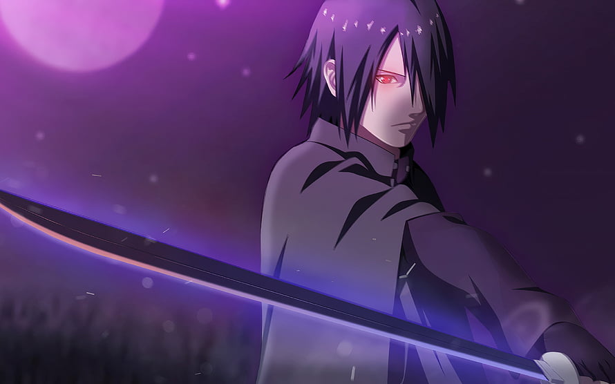 Sasuke Uchiha from Naruto holding a glowing sword under a purple moonlit sky HD wallpaper