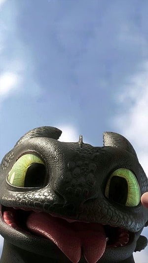 Toothless Night Fury Close-Up Portrait with Green Eyes and Open Mouth HD phone wallpaper