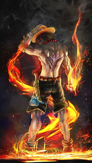 Portgas D. Ace Fire Fist Artwork with Straw Hat and Flame Aura HD phone wallpaper
