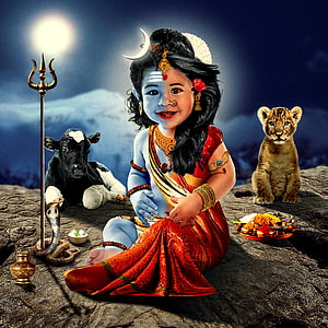 Ardhnarishwar Baby Shiva with Nandi and Lion on Rocky Mountain HD phone wallpaper