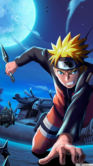 Naruto Uzumaki in Action Posing with Kunai Under a Glowing Full Moon HD phone wallpaper