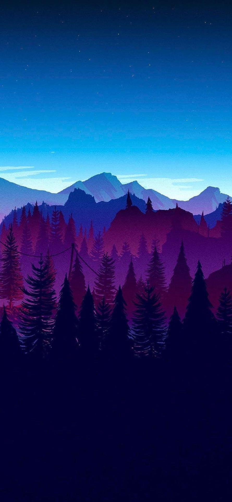 Stylized Twilight Mountain Landscape with Pine Forest and Starry Night Sky HD phone wallpaper