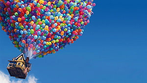 Up Disney Pixar Animated House Flying with Colorful Balloons Against Blue Sky HD wallpaper