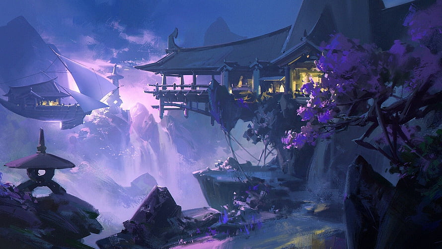 Mystical Asian Temple Perched on Misty Cliffs with Waterfall and Purple Blossoms HD wallpaper