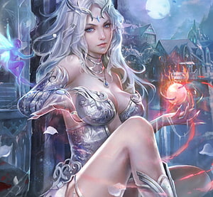 Silver-haired fantasy sorceress holding a glowing fire orb in a moonlit village HD wallpaper