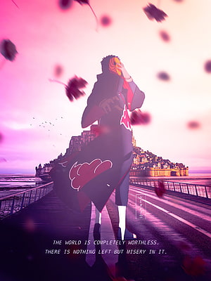 Uchiha Obito in Akatsuki Robe Standing on Coastal Bridge at Sunset HD phone wallpaper