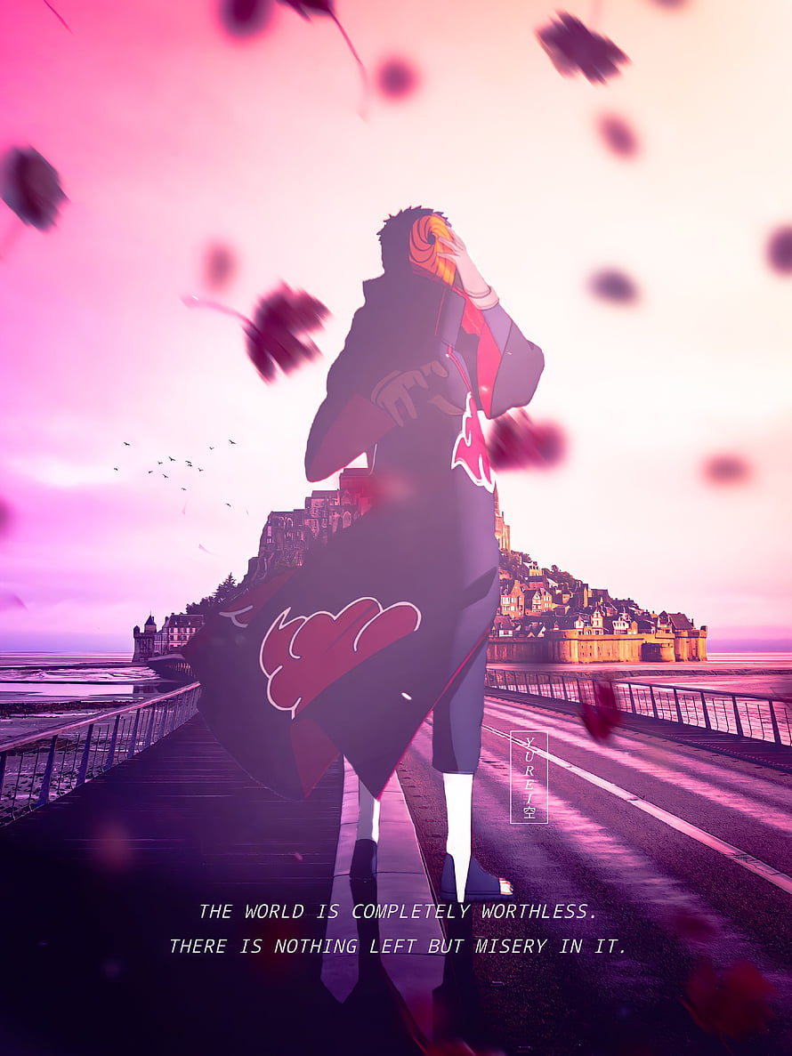 Uchiha Obito in Akatsuki Robe Standing on Coastal Bridge at Sunset HD phone wallpaper