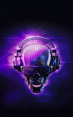 Neon Skull with Headphones and Sunglasses in Purple Haze HD phone wallpaper