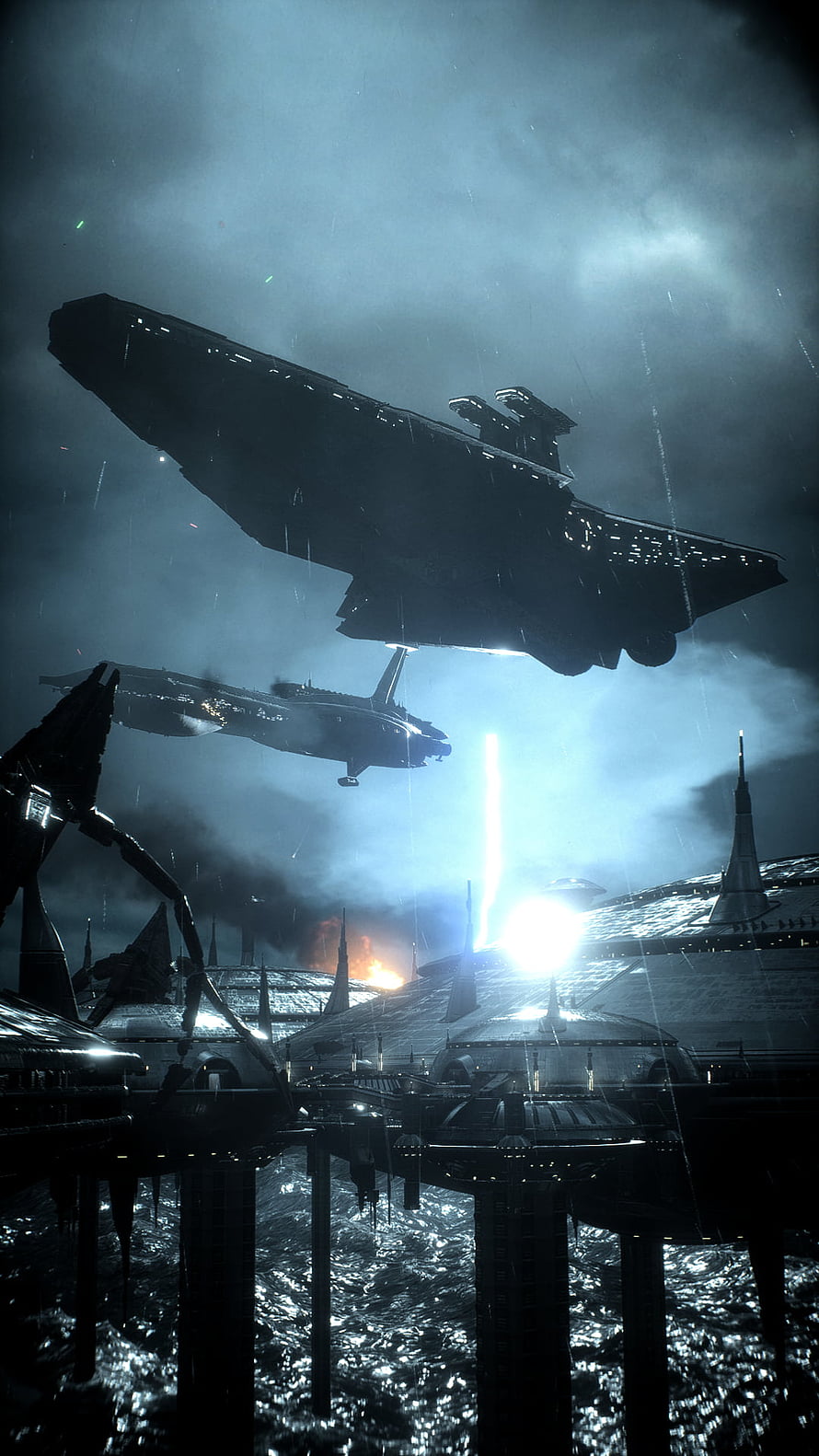 Star Wars Kamino Cloning Facility with Venator Star Destroyer in Stormy Night HD phone wallpaper