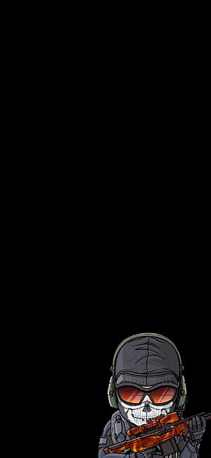 Chibi Ghost Soldier with Skull Mask and Rifle on Black Background HD phone wallpaper