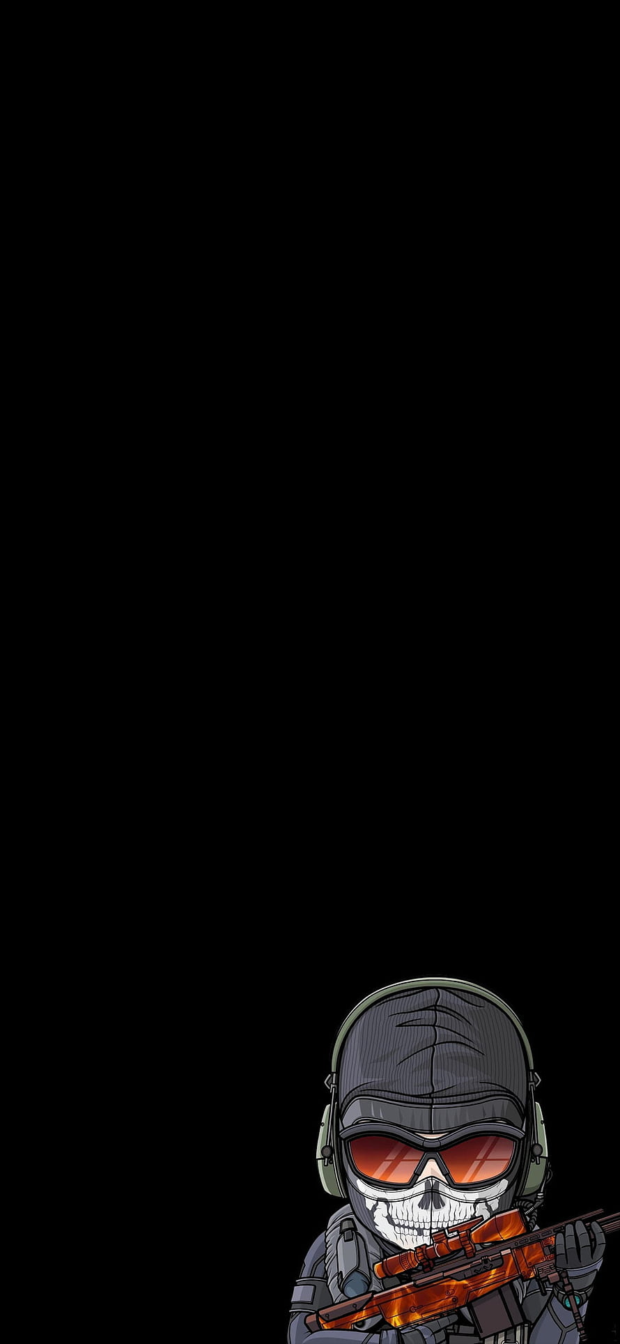 Chibi Ghost Soldier with Skull Mask and Rifle on Black Background HD phone wallpaper