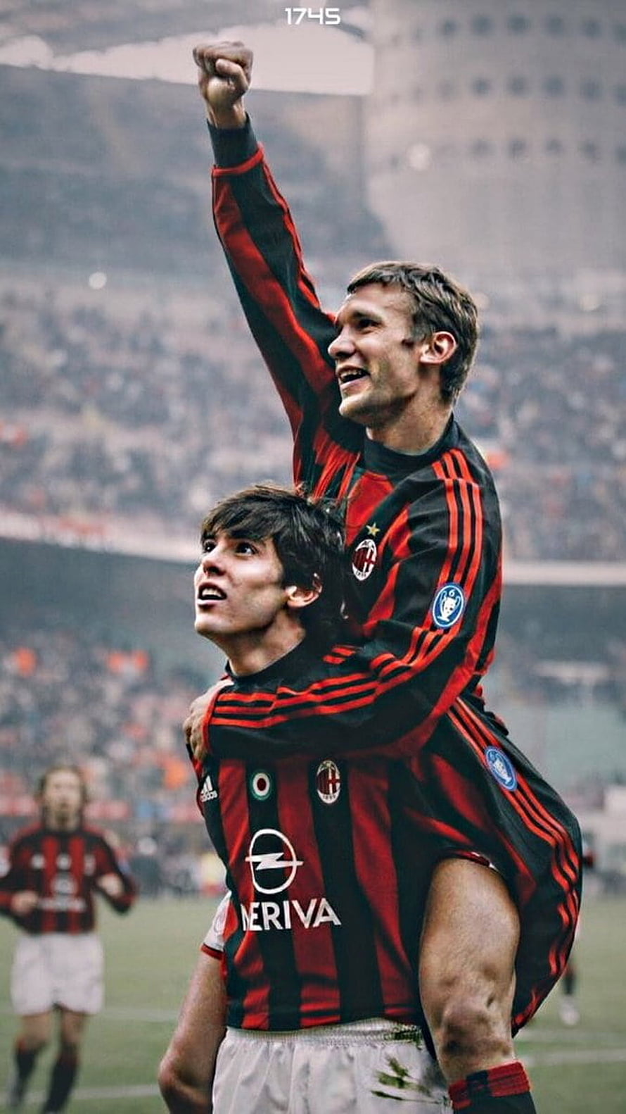Kaka and Shevchenko Celebrate in AC Milan Striped Kits at the Stadium HD phone wallpaper