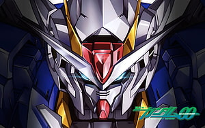 Gundam 00 Exia Close-Up Face Artwork with Blue Eyes and Gold Accents HD wallpaper