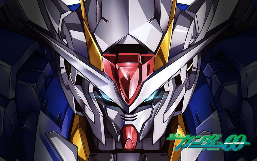 Gundam 00 Exia Close-Up Face Artwork with Blue Eyes and Gold Accents HD wallpaper
