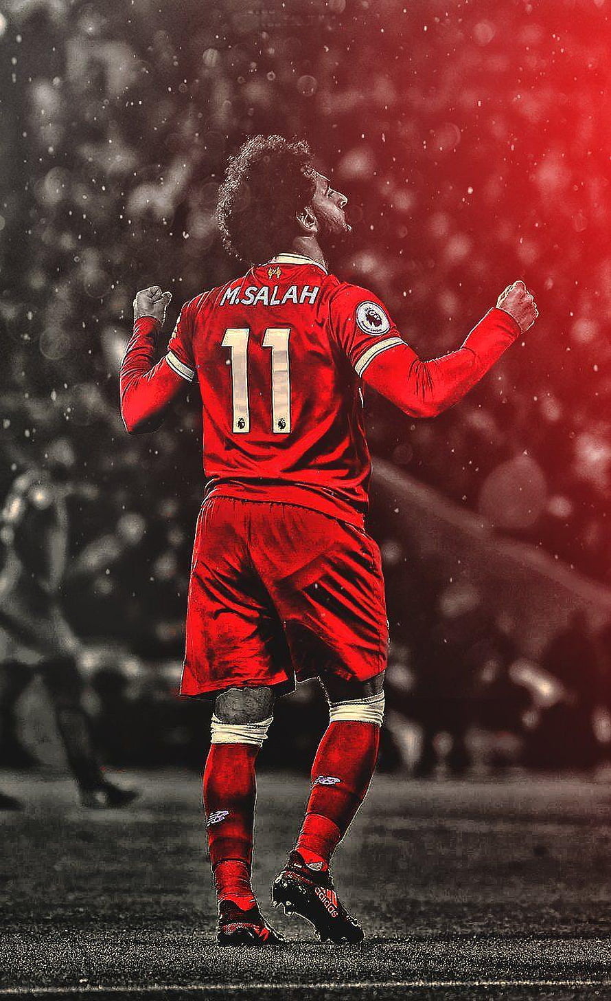 Mohamed Salah in Liverpool Red Kit Celebrating on the Pitch HD phone wallpaper