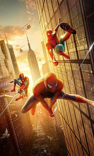 Spider-Man No Way Home Three Heroes Swinging Through New York City at Golden Hour, Spider-Man nwh, no way home HD phone wallpaper