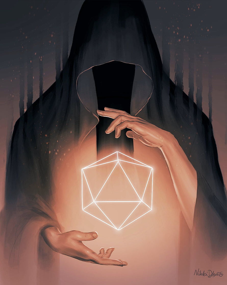 Mysterious Hooded Figure Holding Glowing D20 Die in Dark Fantasy Digital Art HD phone wallpaper
