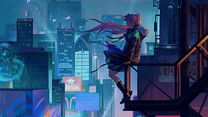 Anime Girl Standing on Rooftop Fire Escape in Neon Cyberpunk City HD wallpaper