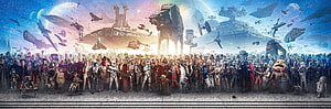 Star Wars Ensemble Cast with Iconic Ships and Droids in Epic Cinematic Panorama HD wallpaper