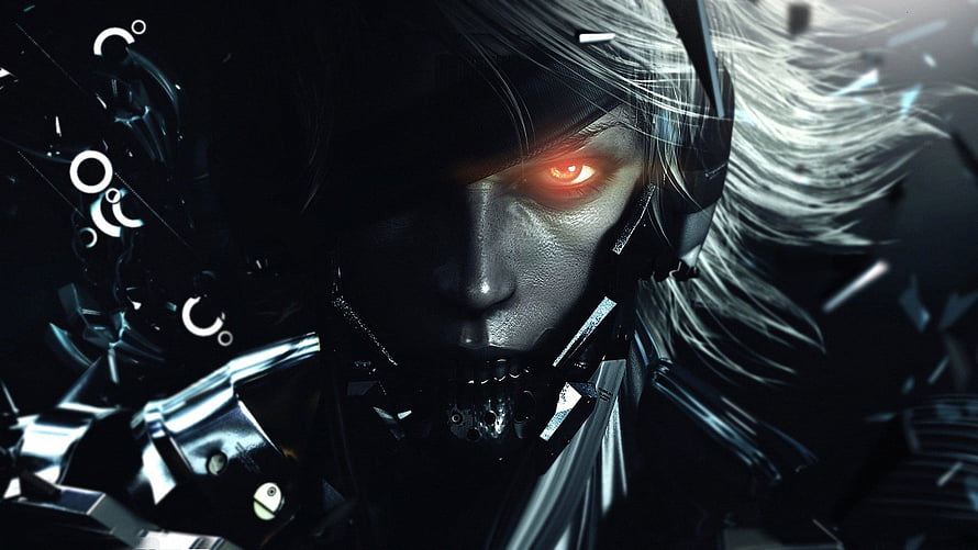 Raiden from Metal Gear Solid Rising with glowing red eye and cybernetic armor in dark cinematic style HD wallpaper