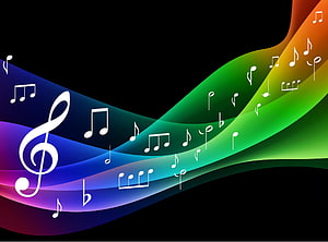 Vibrant Rainbow Music Notes Flowing Across Black Background with Treble Clef HD wallpaper
