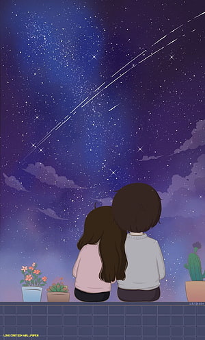Cute Anime Couple Watching Shooting Stars and Milky Way from Rooftop at Night HD phone wallpaper