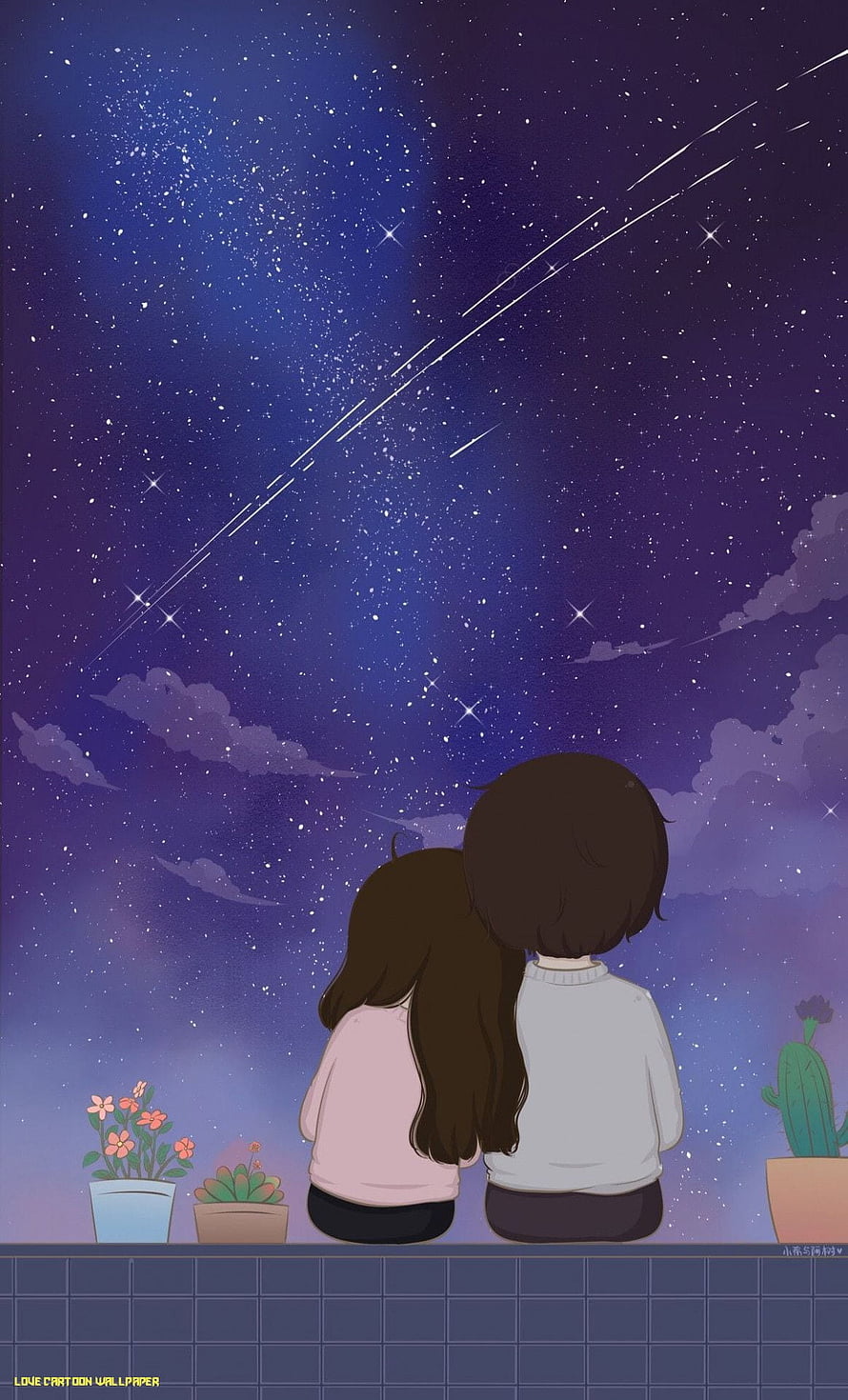 Cute Anime Couple Watching Shooting Stars and Milky Way from Rooftop at Night HD phone wallpaper